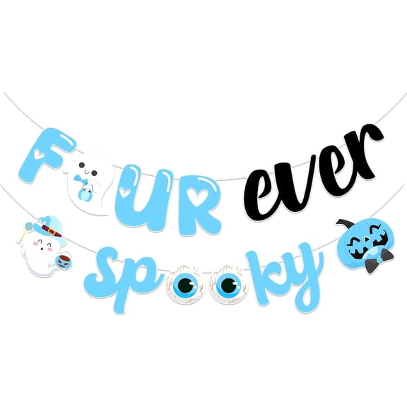 Four Ever Spooky Birthday Decorations, Four Ever Spooky Banner Blue Black, Halloween 4th Birthday Party Decorations Spooky Boo Ghost Party Supplies for Boys