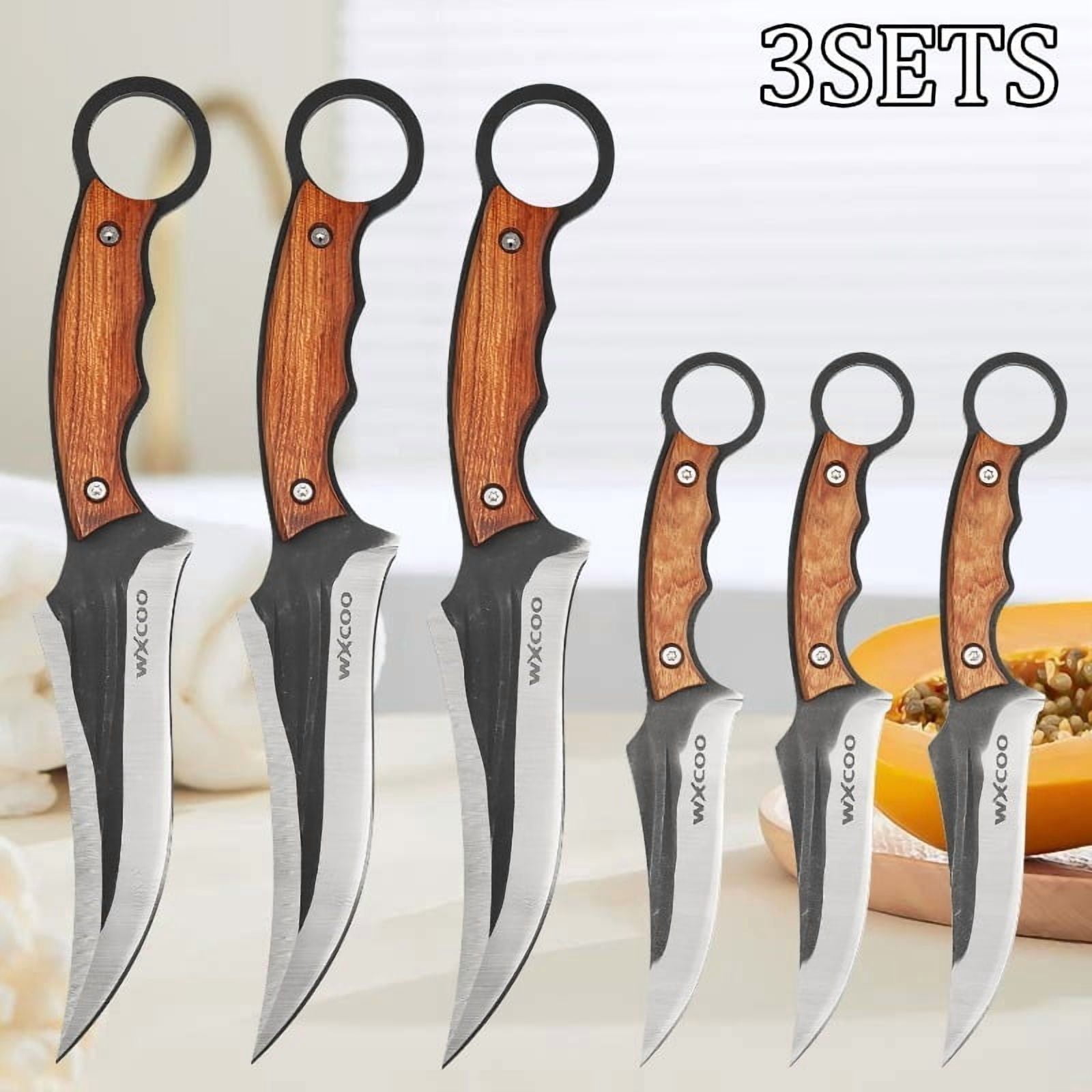 3SETS Professional Edc Knife Set Including Kitchen Chef Knife Stainless Steel Boning Utility and Cutting Knives with Cover for Outdoor Camping Fish Kitchen Supplies Durable Hand Forged Knives