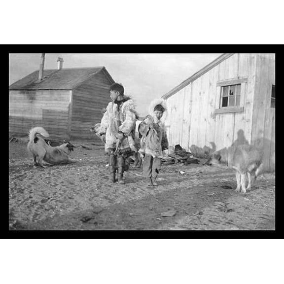 Eskimo Boys with Dogs- Fine Art Canvas Print (20" x 30")