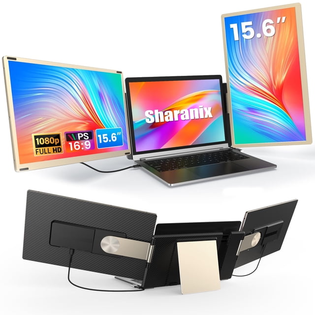 Sharanix Extensor de pantalla para computadora portátil actualizado, monitor triple portátil de 15,6" para computadora portátil de hasta 17,3" con pantalla IPS FHD 1080P, monitor extendido para comput