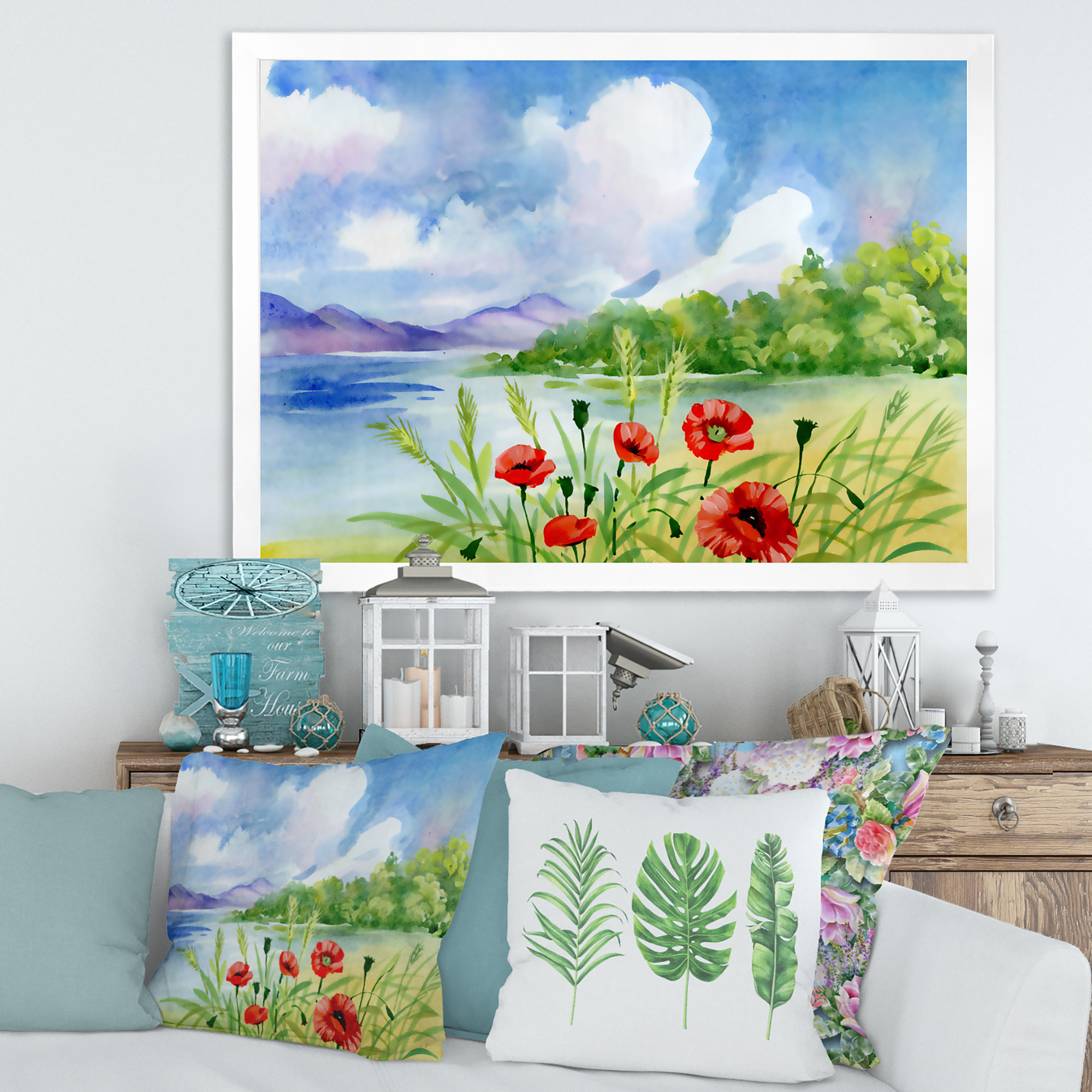 Designart 'Red Tulips On The Bank Near A River Mountain' Lake House Framed Art Print