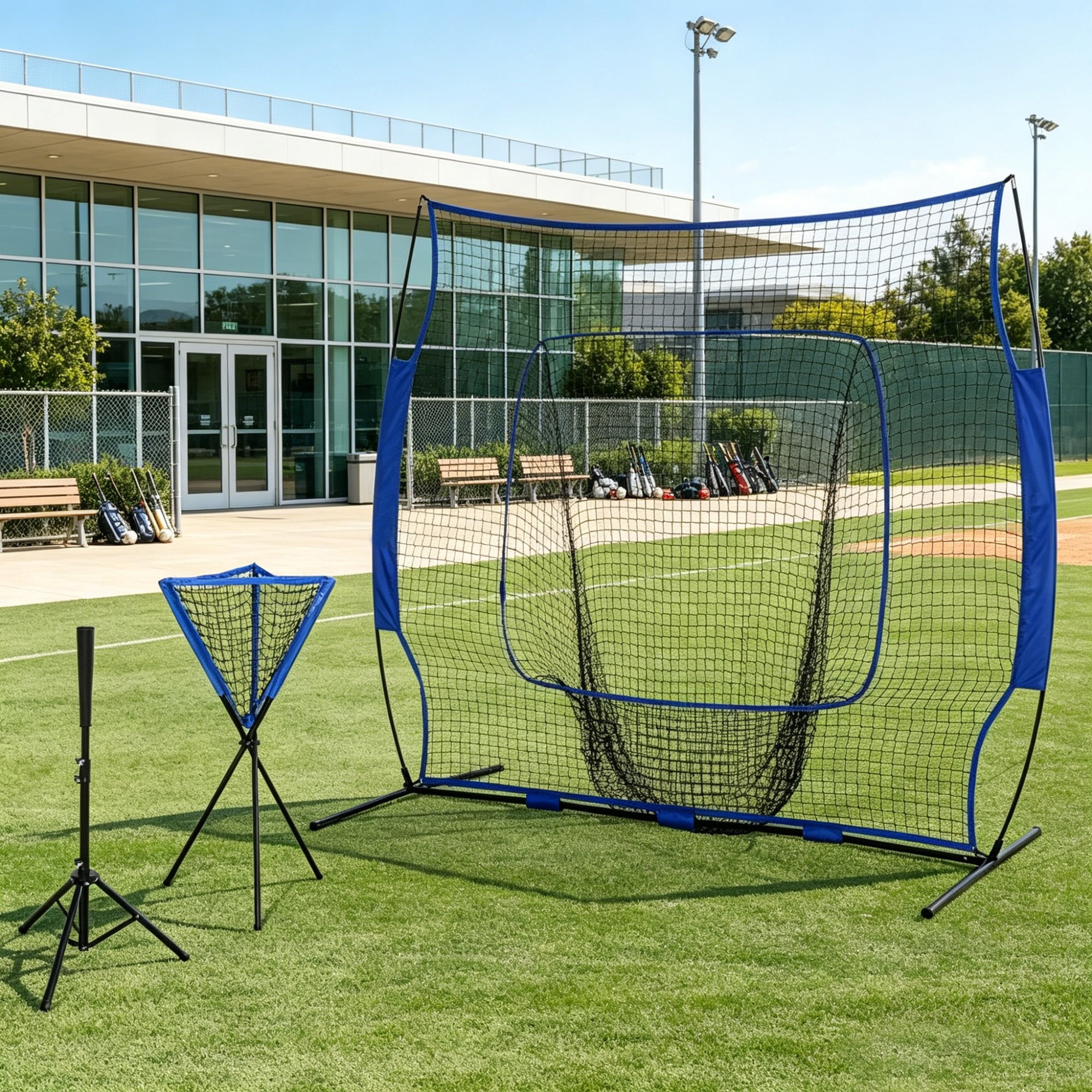 Baseball Hitting Practice Net Set with Batting Tee & 120-Ball Caddy, Tool-Free Quick Assembly Powder Coated Steel Frame Portable Training Net with Carry Bag