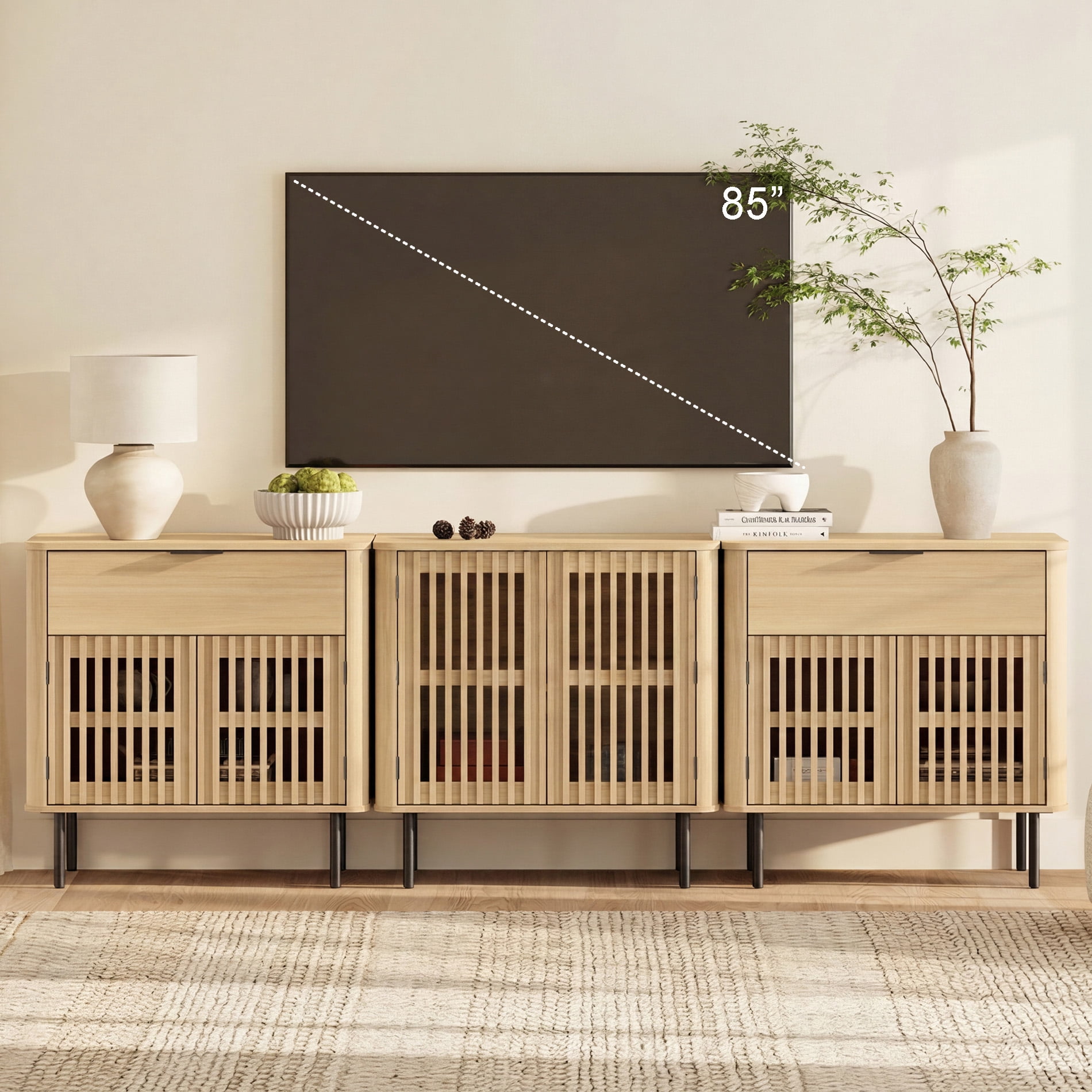 94.5" TV Stand Media Console with Cabinets Adjustable Shelves,Oak