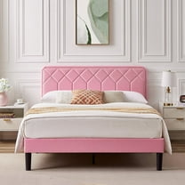 Taomika, Queen Size Tufted Nailhead Upholstered Platform Bed Frame with Adjustable Headboard-Pink