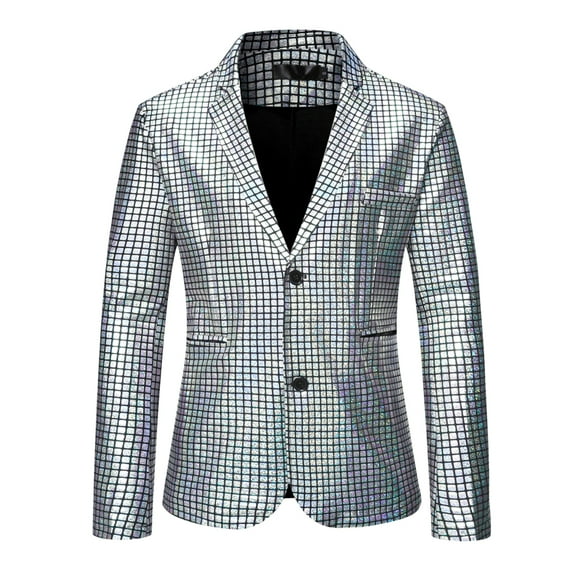Lars Amadeus Men's Sequin Blazer Slim Fit Two Button Disco Metallic Sports Coat Silver XL