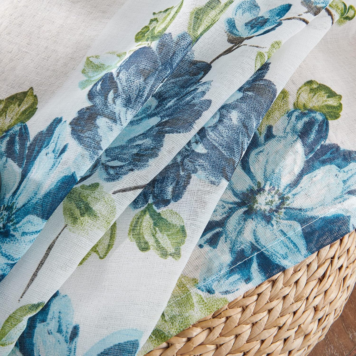 Blue Floral Curtains 63 Inch Length 2 Panels Set Rod Pocket Flower Sheer Curtains for Bedroom Living Room Victorian Semi Sheer Slub Linen Textured Drapes French Country Modern Decor, 52x63
