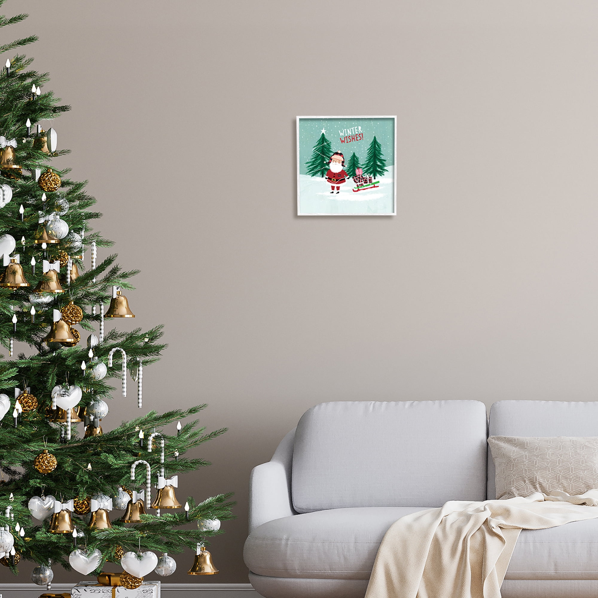 Stupell Industries Winter Wishes Santa Claus & Sled Holiday Painting White Framed Art Print Wall Art