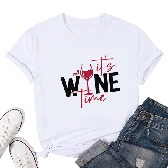 Women's T-Shirt It'S Wine Time Tee Funny Graphic T-Shirt Soft Cotton Casual Short Sleeve Top