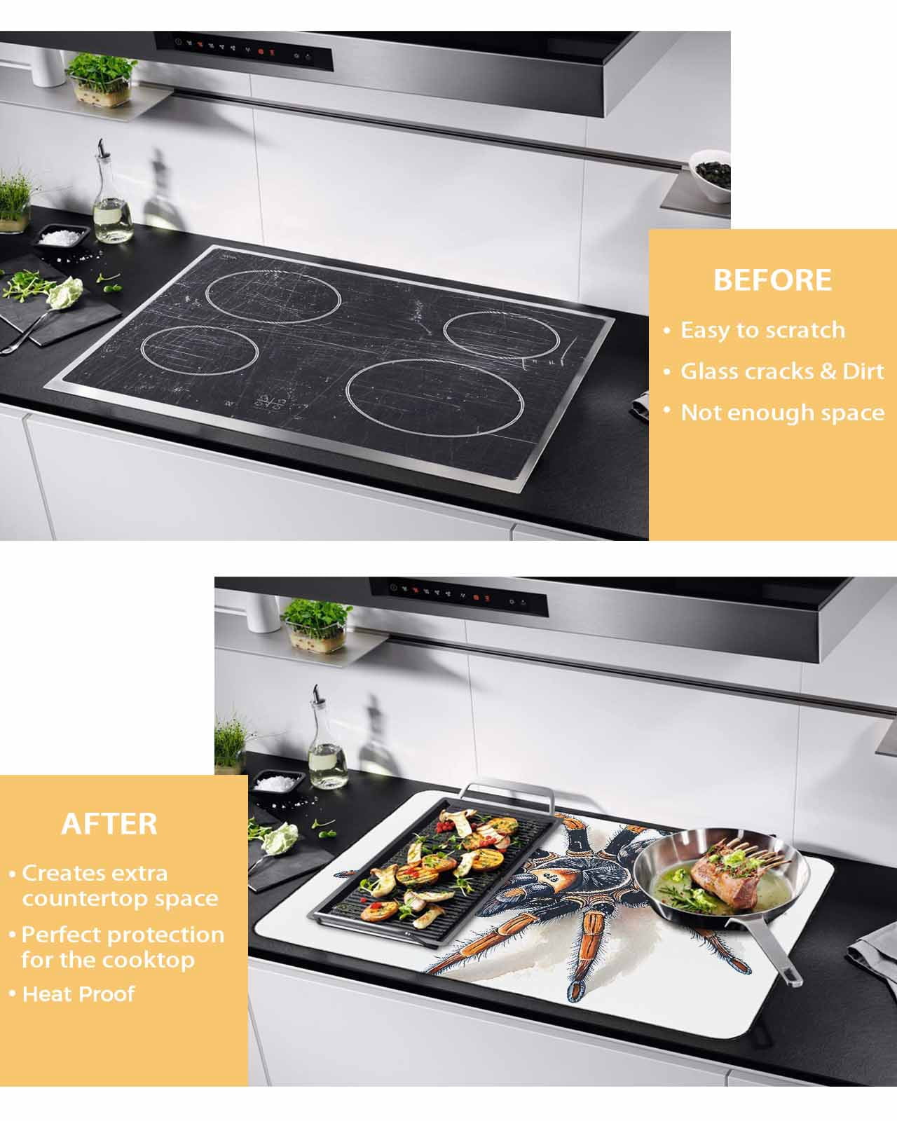 nqOlkjepod Large Induction Cooktop Protector Mat 36"x21", Modern Animals Print Stove Top Covers for Electric Stove, Watercolor Chic Spiders Decorative Stove Burner Cover Mats, Glass Top Stove Cover