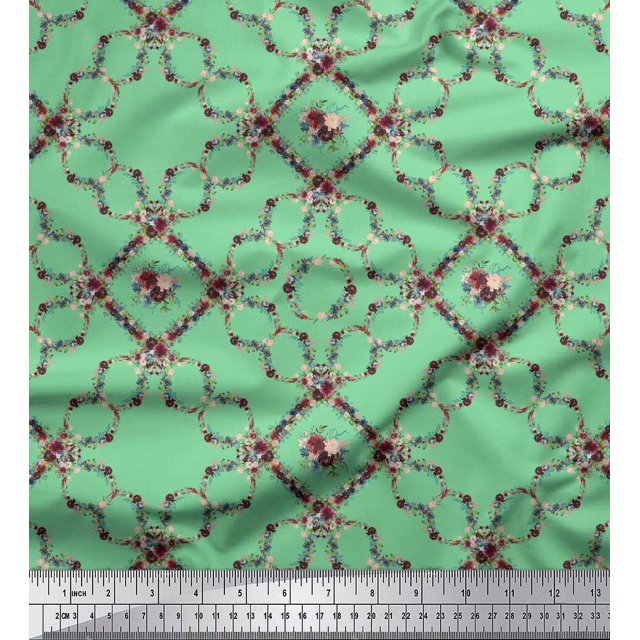 Soimoi Green Silk Fabric Floral Wreath Geometric Decor Fabric Printed Yard 44 Inch Wide