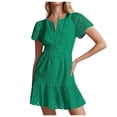 thumbnail image 1 of Women Casual Solid Color V-Neck A-Line Lace Pleated Mini Dress - Imitation Linen, Hollow Design, Elastic Waist, S-XXL, Perfect for Summer, 1 of 8