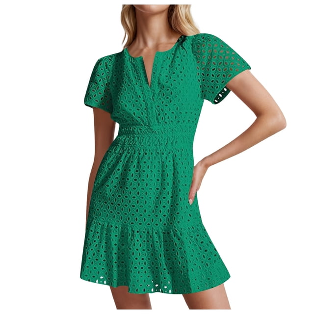 Women Casual Solid Color V-Neck A-Line Lace Pleated Mini Dress - Imitation Linen, Hollow Design, Elastic Waist, S-XXL, Perfect for Summer