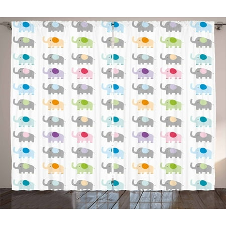 - Nursery Curtains 2 Panels Set, Cute Elephants in Various Color Combinations Animal Fun Children Friendly Design, Window Drapes for Living Room Bedroom, 108W X 63L Inches, Multicolor, by Ambesonne