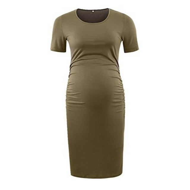 Zwiiyzr 2025 Robe d'Allaitement pour Femmes Enceintes, Couleur Unie, Col Rond, Manches Courtes, Vert Olive
