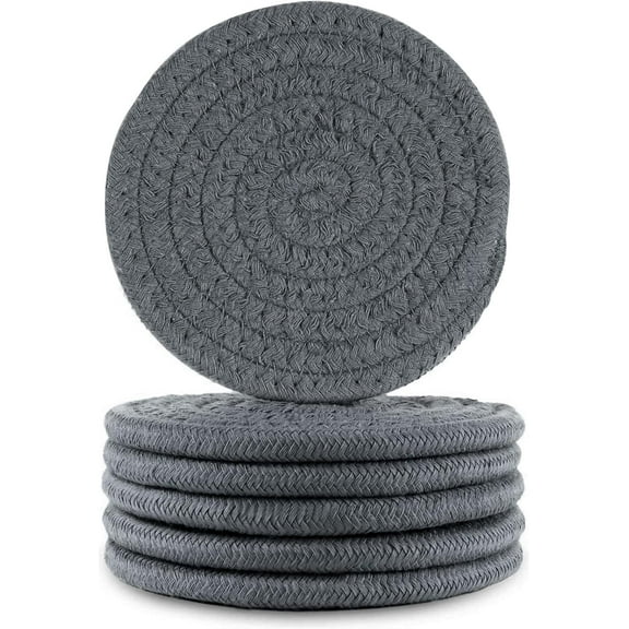 6 Pcs Bar Coasters for Drinks, Handmade Braided Woven Drink Coaster Set, Beermat Beverage Coaster 4.3” Non Slip Coasters, Gray