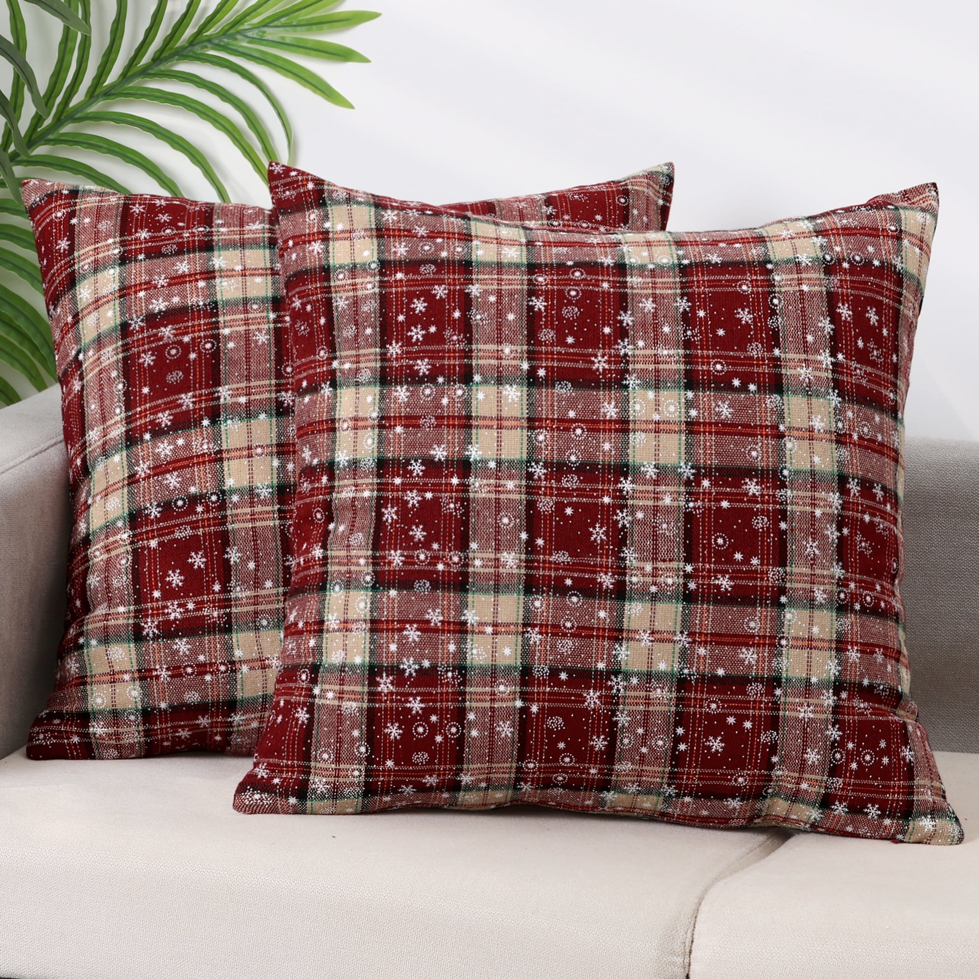 Unique Bargains Festive Plaid Snowflake Decorative Throw Pillow Covers Set of 2 for Home Red Snowflake 18" x 18"