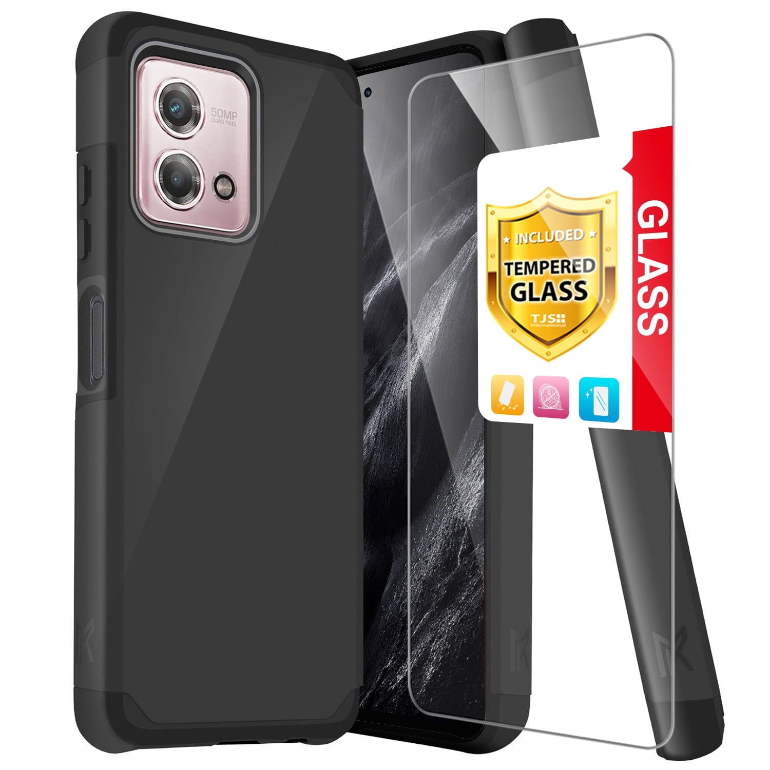 TJS for Cricket Motorola Moto G Stylus 4G 2023 Phone Case, with Tempered Glass Screen Protector, Magnetic Support Dual Layer Shockproof Drop Protection Impact Cover (Black)