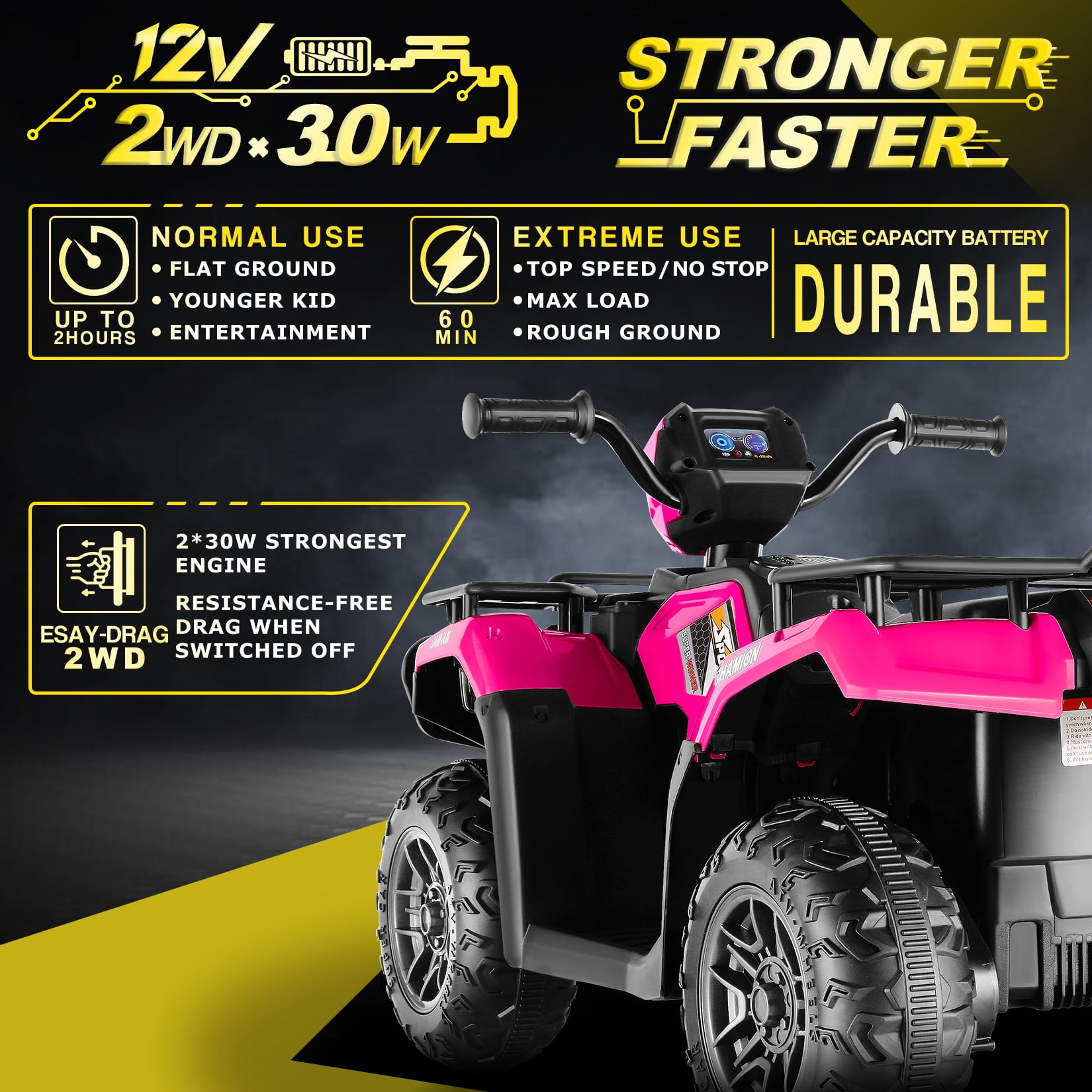 Funcid 12V Kids Ride on ATV 4-Wheeler Quad Battery Powered Electric Car with High/Low Speed, 2X30W Motor, Treaded Tires, Soft Braking, LED Light, Music, Rose Red