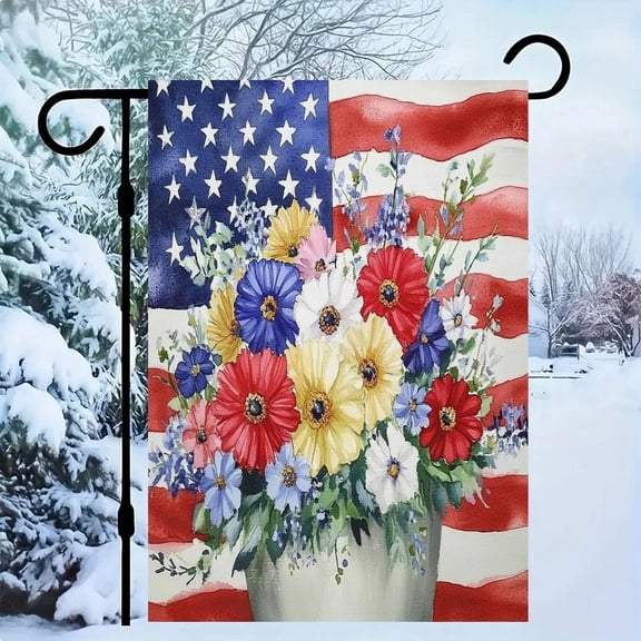 RKSupls Patriotic Linen Double Sided Garden Flag, Independence Day Themed Yard Decor, Colorful Bouquet with American Flag Background Outdoor Banner for Holiday Lawn