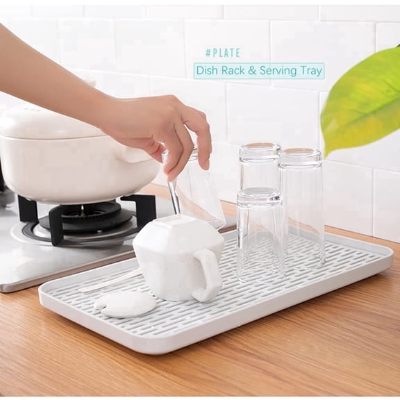 Large White Detachable Drain Tray, Multi Purpose Cup Dish Drying Rack with Water Tray, Kitchen Counter Coffee Table Bathroom Storage Organizer
