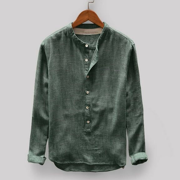 Pxiakgy shirts for men Mens Fashion Sleeve and Casual Blouse Button Linen Cotton Top Autumn Long Winter Men's blouseMen's Dress Shirts Green L
