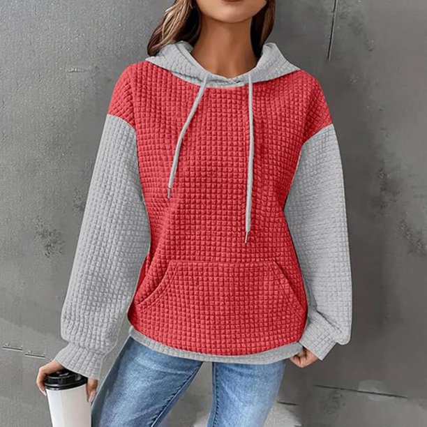 Ailaofu Women's Hooded Sweatshirt Waffle Long Sleeve Drawstring Knit Color Block Hoodies Pullover