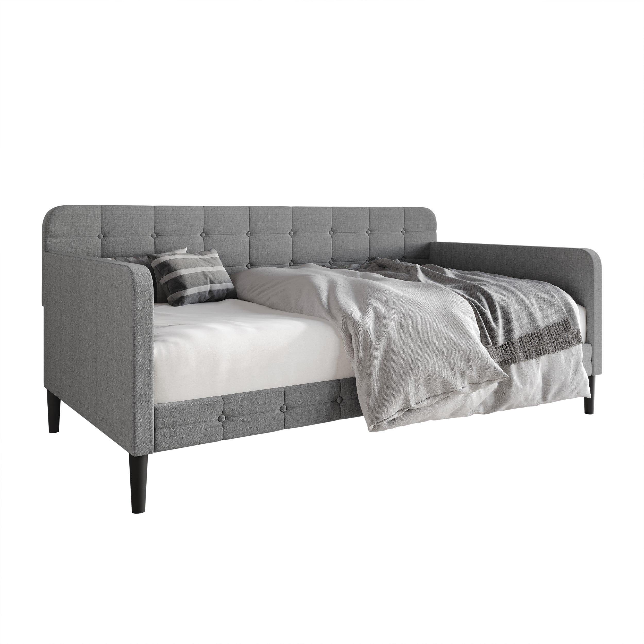 Home Design Fallon Twin Daybed with Velvet Upholstery, Foam Padding, Square Arms, Biscuit-Style Button Tufting, Stylish Seating and Sleeping Solution, Gray