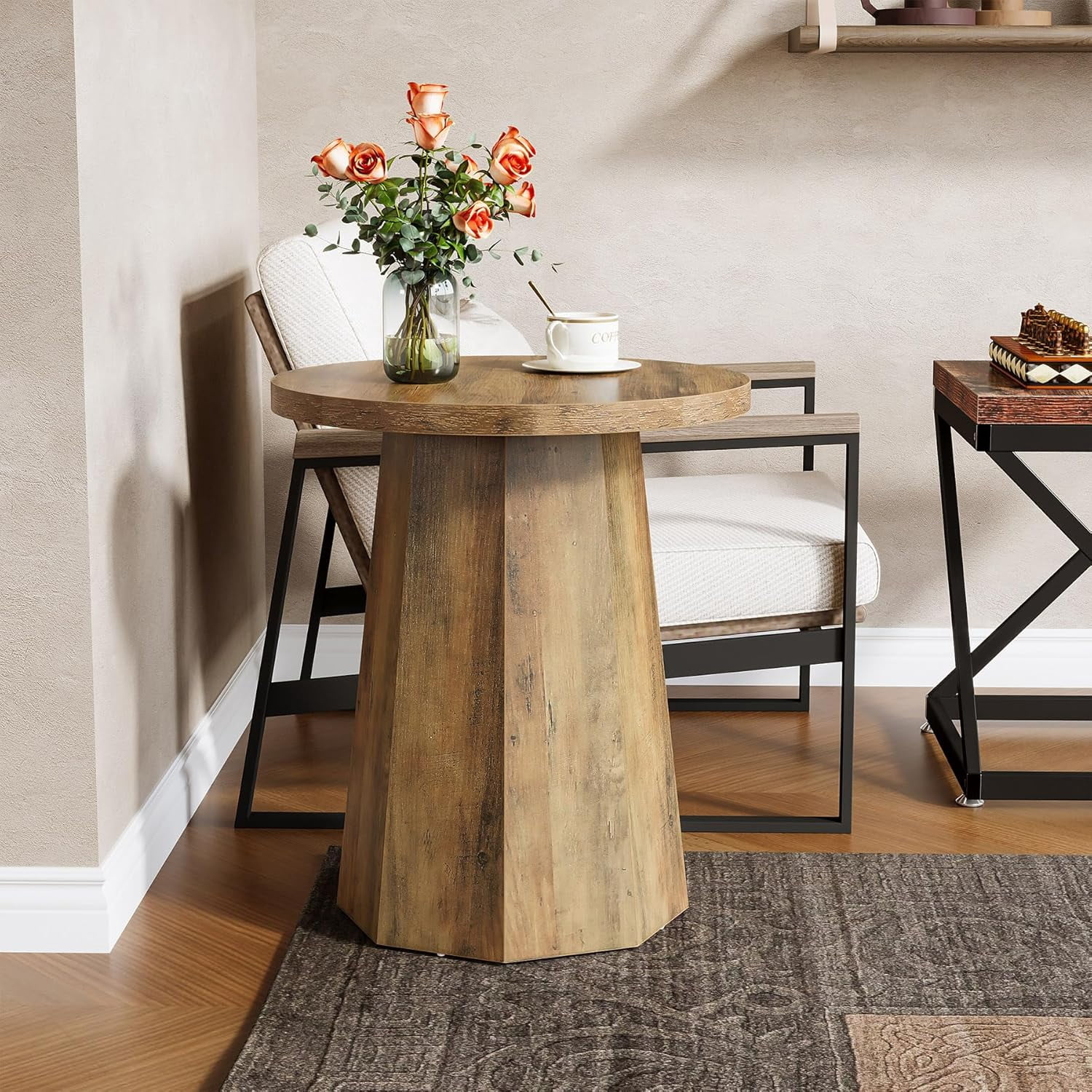 Tribesigns Farmhouse Round End Table, Wooden Couch Side Table with Octagonal Base for Living Room, Bedroom