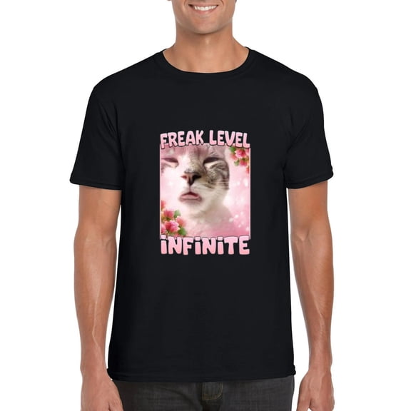 Freak Level Infinite Funny Cat Meme Crazy Kitty Weird T-Shirt, for men & women, up to size 5XL