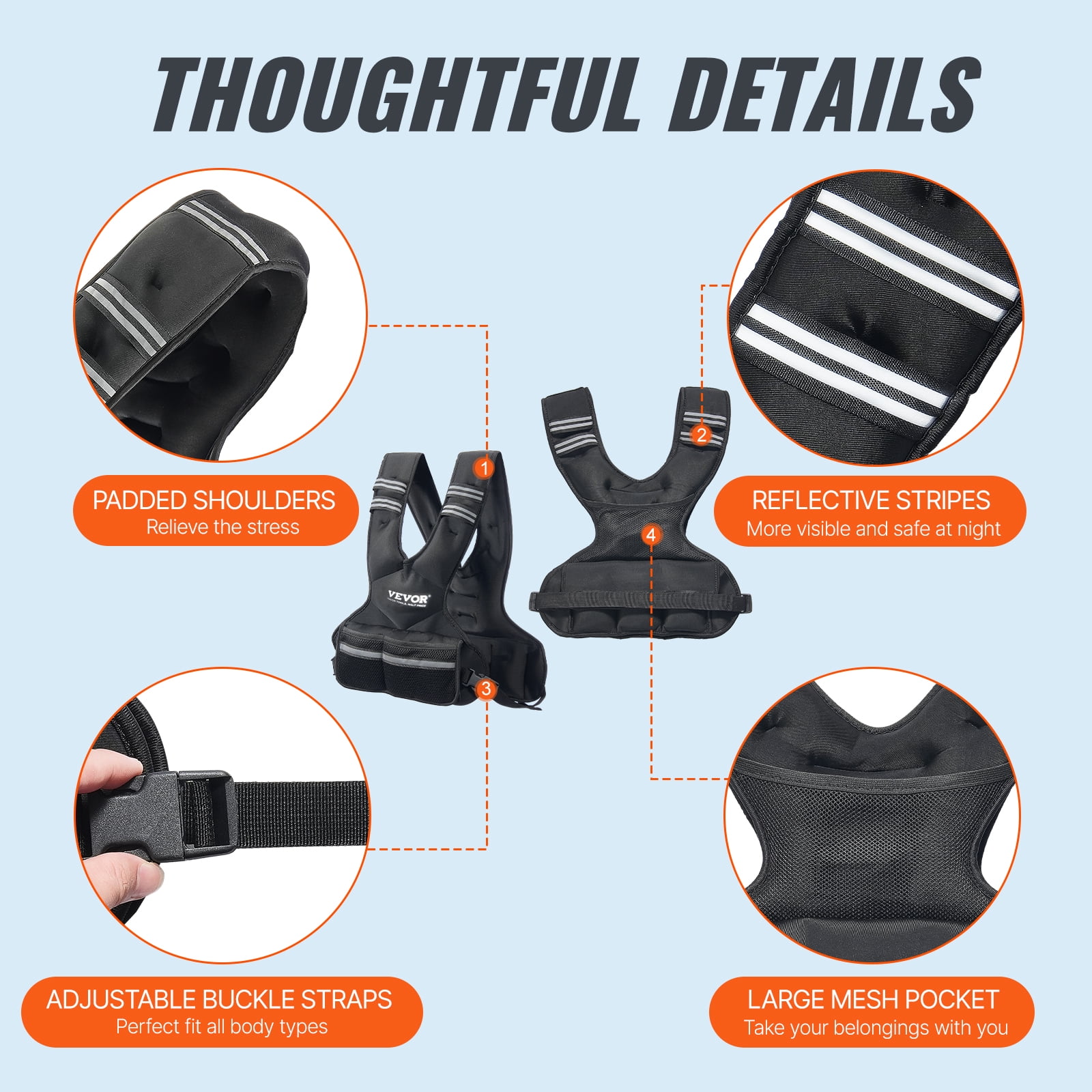 VEVOR Adjustable Weighted Vest, 11-20lb Weight Vest with 6 Ironsand Weights and Reflective Stripe, Body Weight Vest Exercise Set for Men Women, Workout Equipment for Strength Training Running