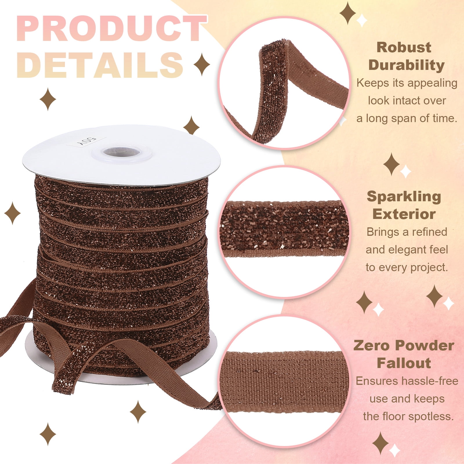 Uxcell Glitter Velvet Ribbon, Sparkly Fabric Metallic Ribbons Gift Wrapping Roll for Crafts Hair Bow Wreaths Decoration Brown