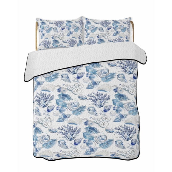 Twin Quilt Bedding Set, Coastal Nautical Reversible Summer Quilt 3 Pieces, Summer Ocean Beach Sea Corals Blue Lightweight Bedspreads Coverlets with 2 Pillow Shams for All Seasons