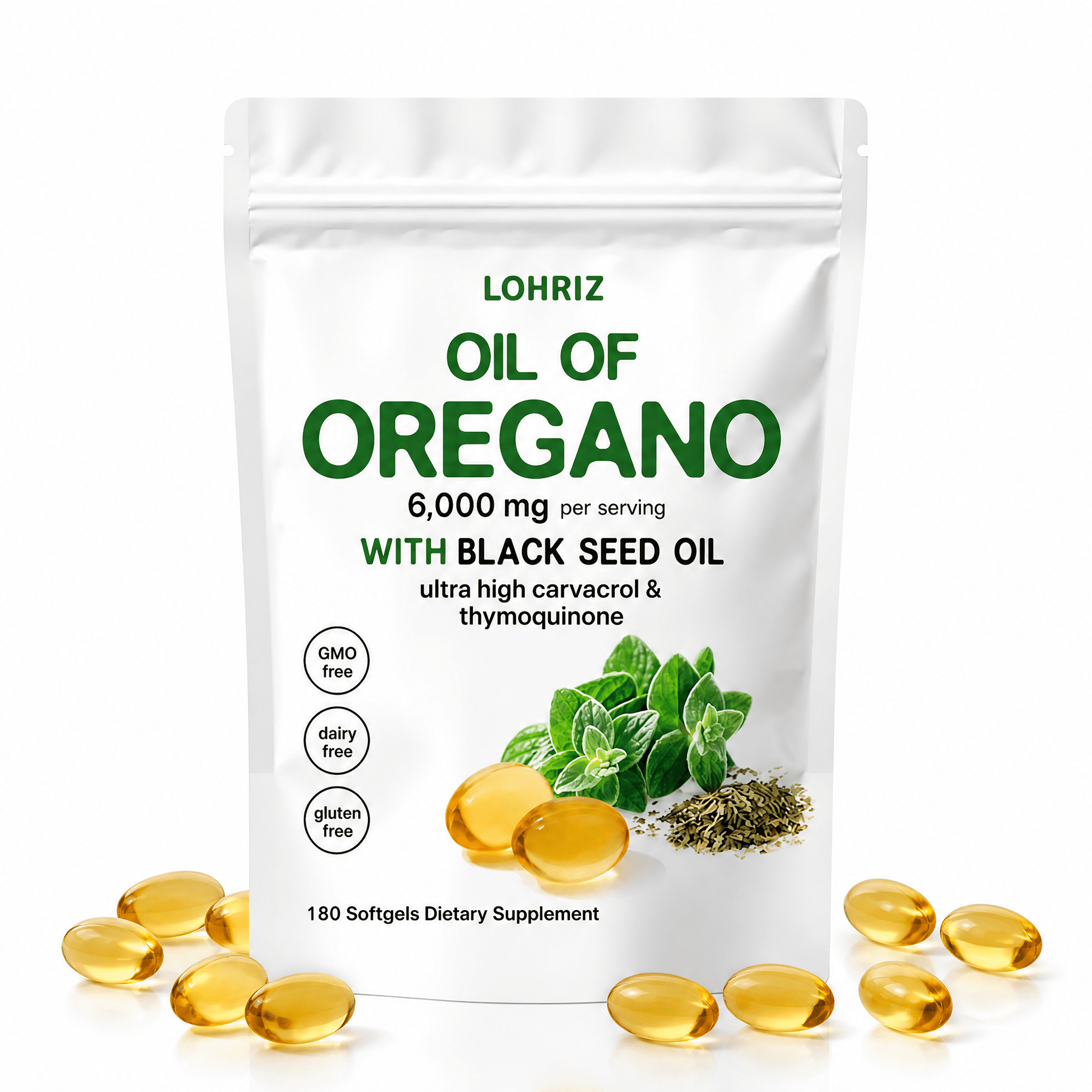 Oil of Oregano with Black Seed Oil, 6000mg per Serving, with Carvacrol & Thymoquinone, 180 Softgels, 90-Day Supply