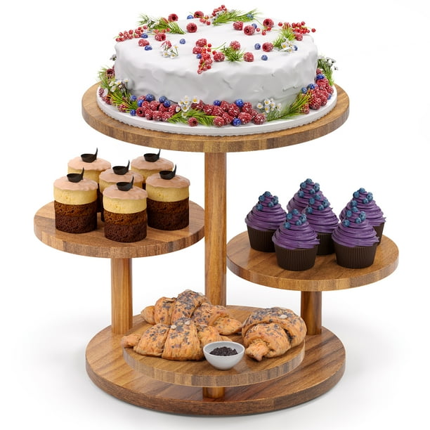Hurzmoro Wooden Cupcake Tower Stand,4 Tier Round Acacia Wood Cake Stand ...