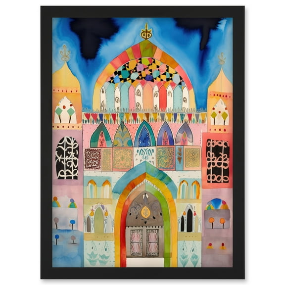 Jewish Synagogue Decorated Facade Folk Art Watercolour Painting Artwork Framed Wall Art Print A4