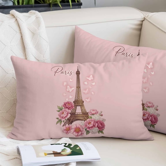 Paris Eiffel Tower Throw Pillow Cover, Pillowcase Protectors with Zipper, Breathable Decorative Lumbar Pillow Case Cover, Pink Rose Romantic Floral Butterfly Pillow Shams for Couch Sofa 12x20Inch
