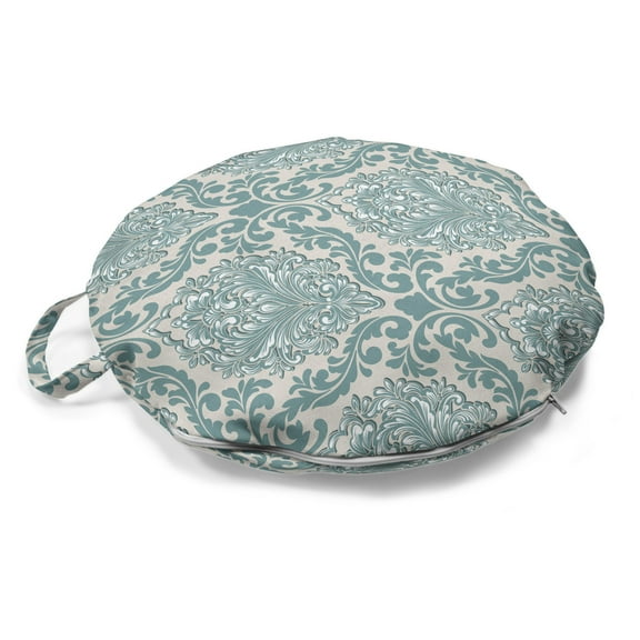 Damask Round Floor Cushion with Handle, Botanical Theme of Ivy Like Leaves Intricate Romantic Era Pattern, Decorative Pillow for Living Room & Dorms, 18" Round, Eggshell Pale Teal, by Ambesonne