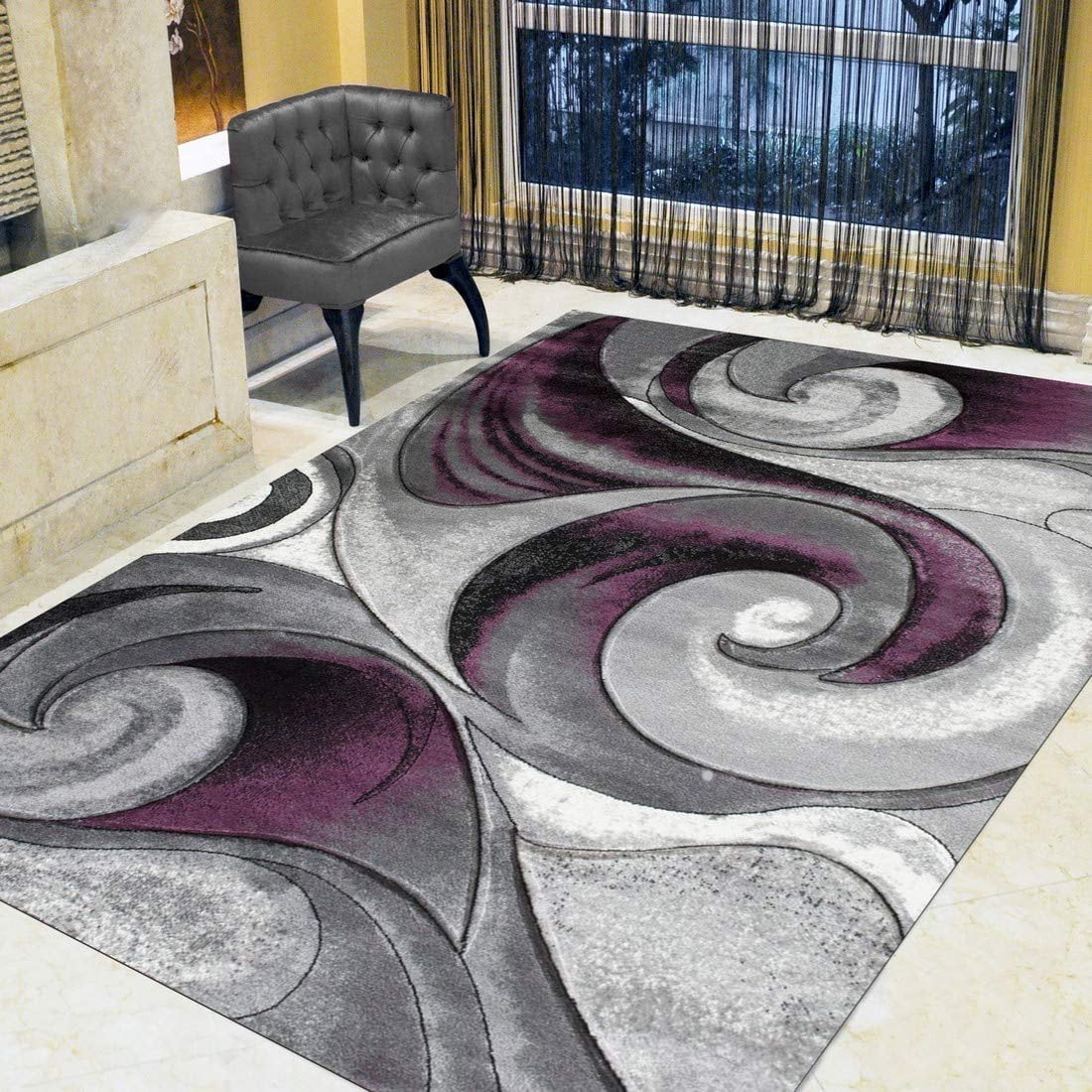 Swirls Abstract Design Modern Contemporary Hand Carved Area RugSilver/Purple/Gray/Black