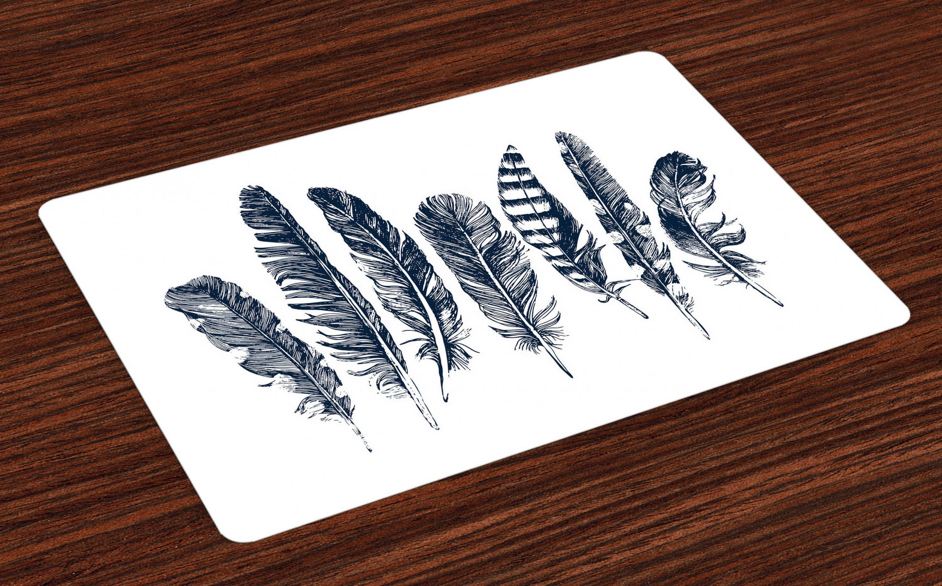 Feather Placemats Set of 4 Sketch Style Arrangement of Feathers