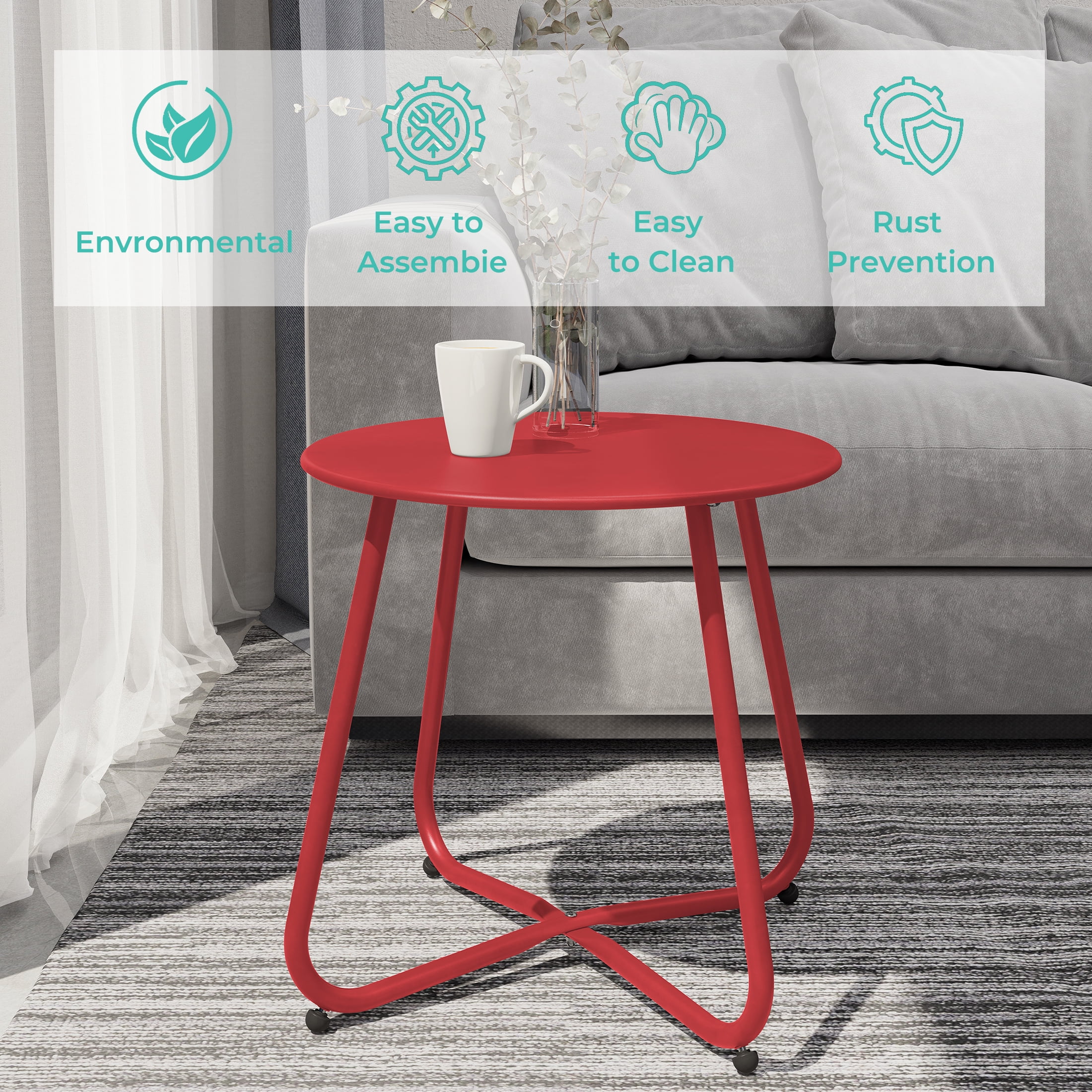 Grand Patio Outdoor&Indoor Steel Patio Side Table, Weather Resistant Outdoor Small Round End Table for Patio, Yard, Balcony, Garden, Living Room, Bedroom, Red