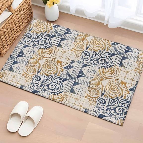 Blue Yellow Swirl Entryway Rug 2'x3' Non Slip Front Door Mats, Vintage Abstract Geometric Patchwork Entrance Rugs Indoor Outdoor Carpet, Washable Floor Mats Small Area Rug for Bedroom Kitchen