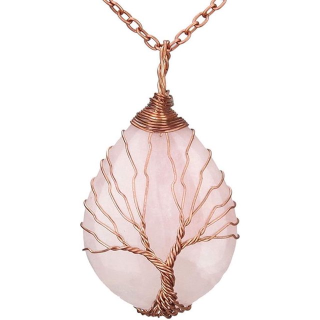 EcoNesxp Smart Technology Natural Rose Quartz Safe and Reliable Copper Wire Wrap Tree of Life Gem Chakra Water Drop Necklace Natural Gem Necklace Energy Stone Pendant