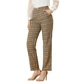 thumbnail image 4 of INSPIRE CHIC Women's Plaid Elastic Waist Button Zipper Straight Leg Long Pants L Light Brown Beige, 4 of 6