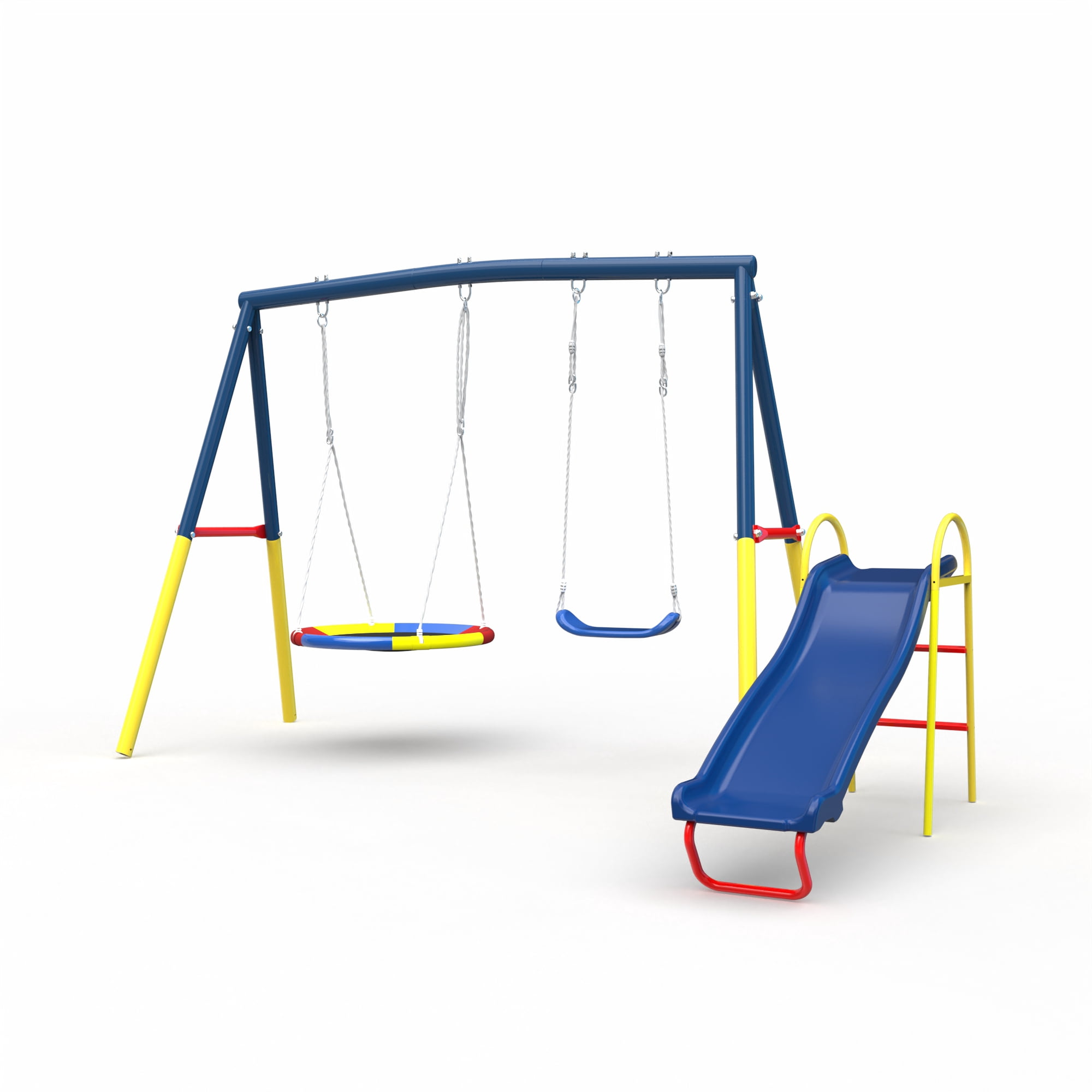 Aukfa Amictoy 3-in-1 Swing Set, Heavy-Duty Backyard Swing Set with 32" Saucer Swing, Belt Swing & Slide for Kids, Outdoor Playground, Blue