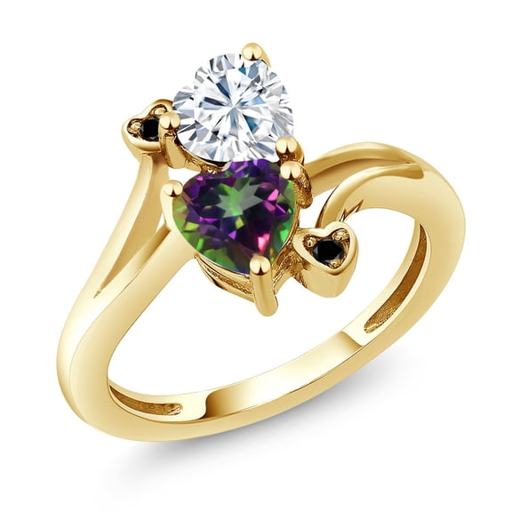 Gem Stone King 18K Yellow Gold Plated Silver White Moissanite Green Mystic Topaz and Black Diamond Ring for Women (1.78 Cttw, Heart Shape 6MM, Gemstone Birthstone, Size 7)