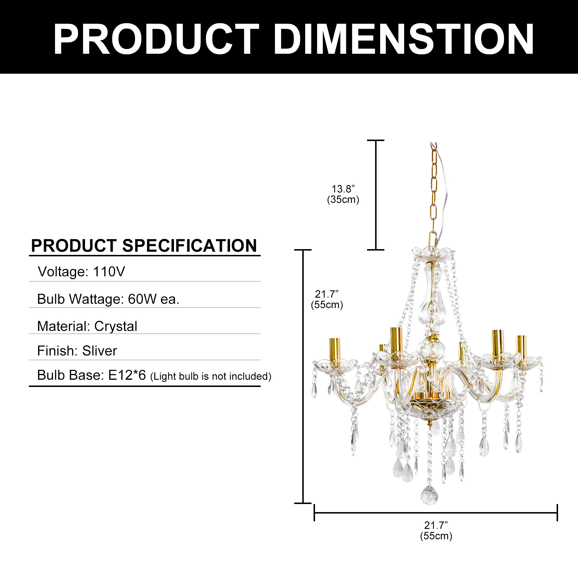YANSUN 6 Lights Gold Color Luxurious Candle Crystal Chandelier, K9 Modern Crystal Chandelier
