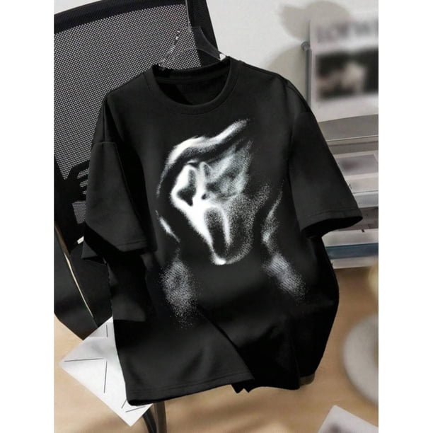 oversized "Scream" Skull Graphic Print Black Crew Neck Short Sleeve T-Shirt, Casual Loose Fit Cotton Tee For Girl, unisex Back To School