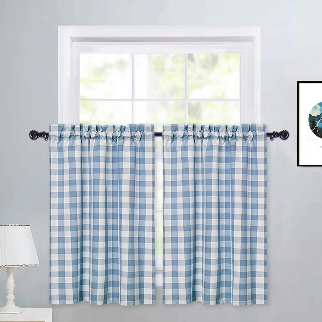 GlowSol Kitchen Curtains 27'W x 30'L Buffalo Plaid Check Farmhouse Cafe Curtains Blackout Curtains for Bathroom, Blue, Set of 2