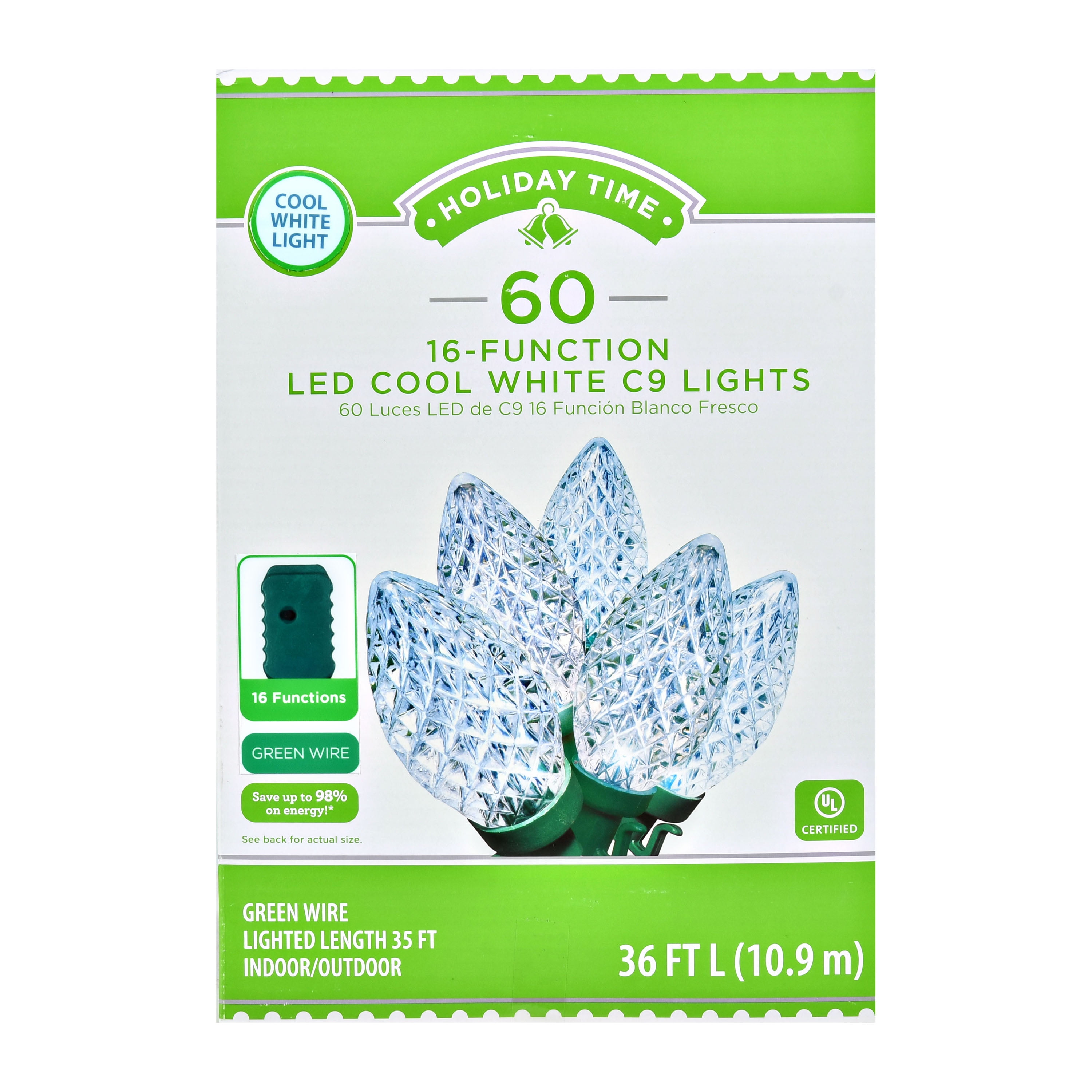 Holiday Time 36-Foot 16-Function Led C9 Christmas Lights, Multicolor, With 60 Lights In Each Package - Walmart.com