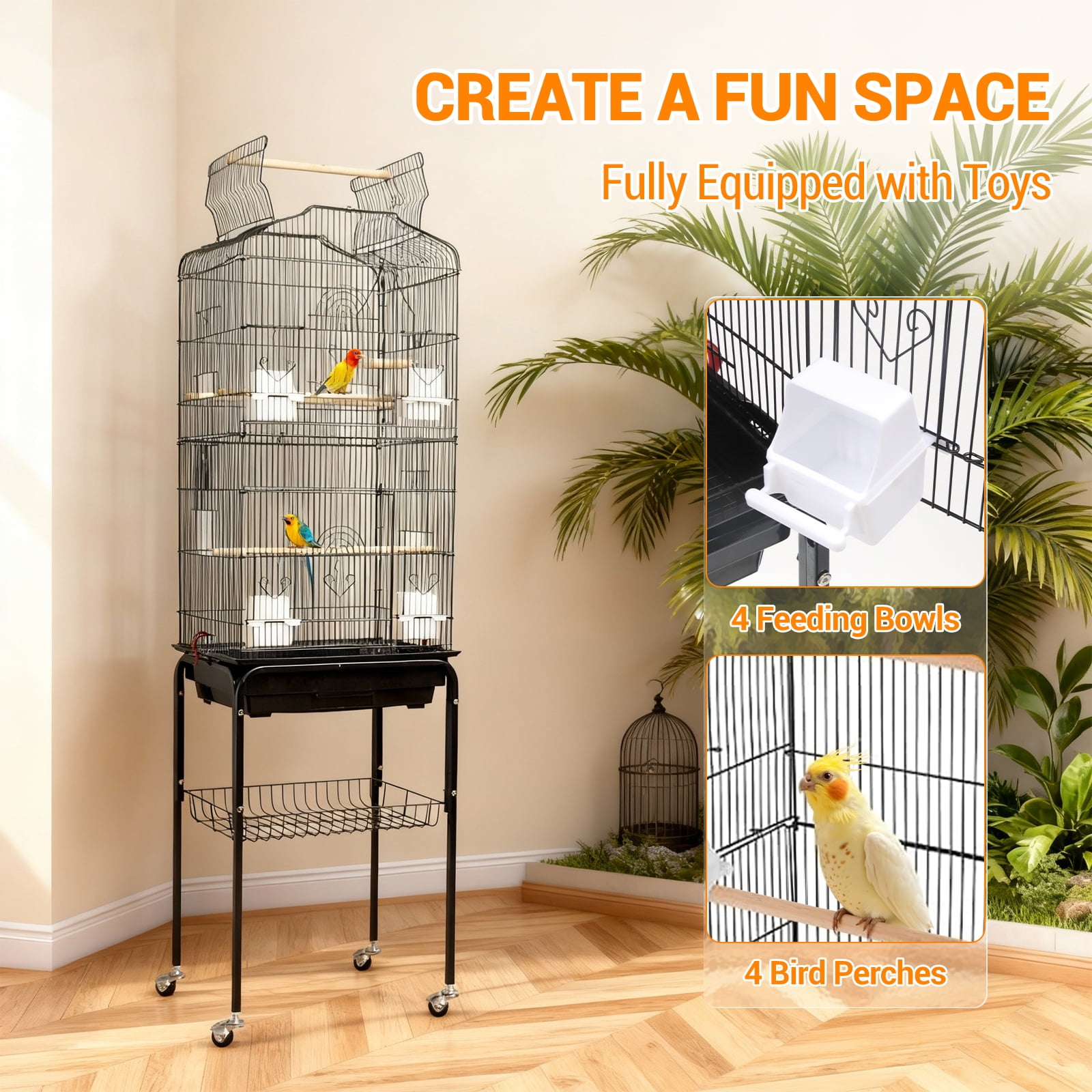 Play Open Top Medium Small Bird Cage with Detachable Rolling Stand Hanging Bird Cage with Storage Shelf, Playtop Parrot Cages Heavy-Duty Pet Birds House Black